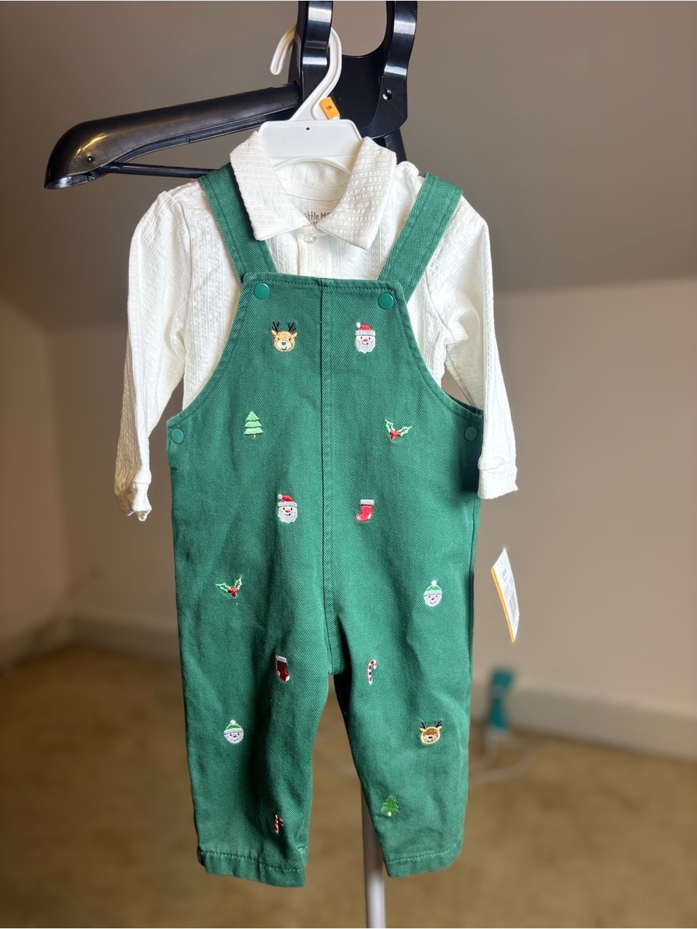 NWT Little Me Baby Boy Green Merry Christmas Corduroy Overalls & Shirt Set 12M